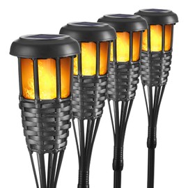 Solar Torch Light with Flickering Flame, 4 Pack Waterproof Bamboo Torches Hand-Woven Rattan Solar Tiki Torches for Outside Patio Yard Garden Lawn (Black-4 Pack)