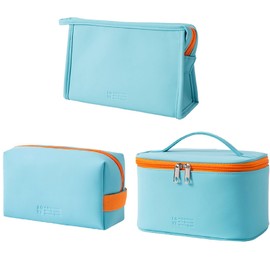 Pack of 3 Travel Cosmetic Bag Makeup Bag Women's Makeup Bag PU Leather Waterproof Toiletry Bag Makeup Organiser Portable Cosmetic Organiser Bag with Zip for Girls (Light Blue)