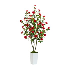 Artificial Camellia Tree 6FT Faux Trees Indoor Fake Floral Plant Blooming Tree with Red Flowers & White Tall Planter, Faux Camellia Plants for Porch Home Room Bedroom Office Front Door Outdoor Decor
