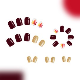 Gradient Maple Leaves Press on Nails Short Square Fall Thanksgiving False Nails Gold Glitter Powder Design Red Stick on Nails Full Cover Glossy Acrylic Nails Glue on Nails for Women Festival Nails