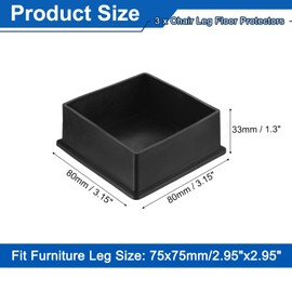 sourcing map 3Pcs Chair Leg Floor Protectors, 80 x 80mm/3.15 x 3.15inch PVC Anti-Slip Square Furniture Leg Feet Cover for Hardwood Floors Patio Chair Table Bed, Black
