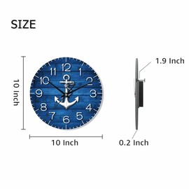 White Anchor Wall Clock Battery Operated Nautical Vintage Wood Blue Wall Clock Silent Non Ticking Quality Quartz 10 Inch Round Easy Clock to Read for Home Office