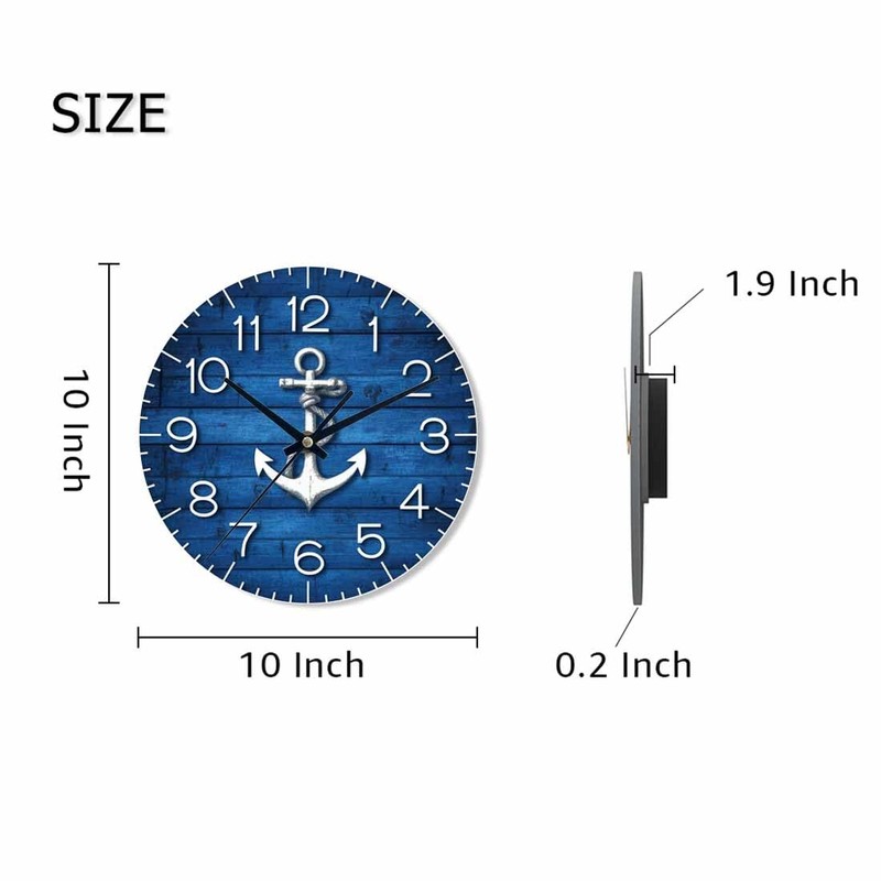White Anchor Wall Clock Battery Operated Nautical Vintage Wood Blue