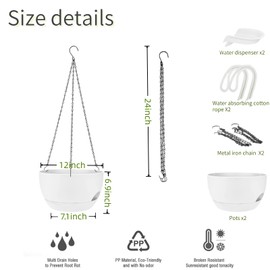 CNLBO 2 Pack Hanging Planters for Indoor Outdoor Plants, 8 Inch Self Watering Hanging Pot with Drainage Holes and Saucer, Plastic Plant Pots, White Flower Pots for Kitchen, Balcony, Garden