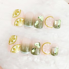 KKUUOO Summer Press on Nails Medium Square Fake Nails with Lemon & Green Rhinestones Designs Glitter Press on Nails Full Cover Glossy Acrylic Nails for Women and Girls Spring Summer Manicure 24Pcs