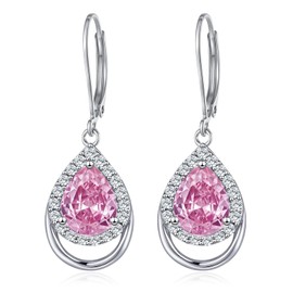 Pink Earrings Sterling Silver Hot Pink Birthstone Teardrop Dangle Drop Earrings AAAAA Cubic Zirconia Jewellery Gifts for Women