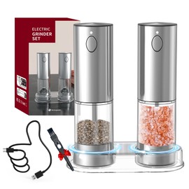 Electric Salt and Pepper Grinder Set, Pepper Mill With Adjustable Coarseness, 95ml Large Silo,Rechargeable Salt Pepper Shakers Steel Body with Ceramic Grinding Head, Brush, Visuable Window Led Light