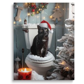 Christmas Bathroom Canvas Wall Art Decor - lovly Black Cat with Santa Hat on Snow-Covered Toilet, 8X10 inch Festive Decor for Bathroom, Fun Pet-Themed Christmas Artwork to Brighten Up Your Restroom