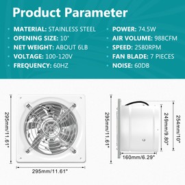 HG Power 10 Inch Exhaust Fan, Kitchen Exhaust Fan With Switch 988 CFM Wall Mounted, Extractor Ventilation Fan For Attic, Greenhouse, Basement, Shed