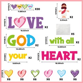 BeYumi 98Pcs Love God with all your Heart Christian Bulletin Board Set Heart Name Tags Cutouts Bulletin Board Borders Trim Valentine's Day Faith Religious Classroom Sunday School Chalkboard Wall Decor