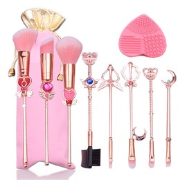 Juego de brochas de maquillaje 9 piezas Sailor Moon Golden Magic Girl brochas de maquillaje sintético premium para base de maquillaje, maquillaje, polvos para la cara, colorete, correctores, sombras de ojos, kit de brochas de maquillaje