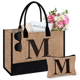 Initial Jute Tote Bag & Makeup Bag, Birthday Gifts for Women Her Mum Teacher, Suitable for Wedding, Beach, Holiday (M)