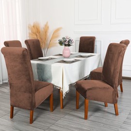 CMAKER Velvet Dining Chair Covers, Stretch Large Chair Slipcover, Spandex High Back Chairs Cover Elastic Washable Removable XL Chair Protector,Set of 4,Brown