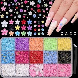 3D Flower Nail Charms, Colorful Flower Nail Charms with Caviar Beads and Flatback Pearls for Acrylic Nails Design DIY Decoration with Pickup Tool