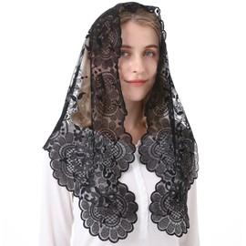 Spanish Mantilla Triangle Catholic Mass Veil Women's Traditional Church Mass Prayer Head Covering Chaple Lace Veil (black)