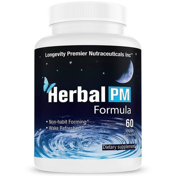 Longevity Herbal PM - Herbal Sleep Formula with 5-htp, melatonin, Valerian & GABA. 60 Veggie Capsules