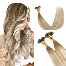 XDhair U Tip Hair Extensions 40g/50s 16inch Balayage Walnut Brown to Ash Brown and Bleach Blonde Pre Bonded Real Human Hair Extensions for Women#3/8/22 16inch