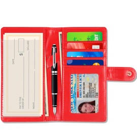 Sanlykate Checkbook Cover with Pen Slot & Button Closure, RFID Blocking PU Leather Standard Register Case for Duplicate & Top Tear Checks