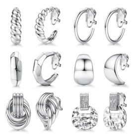 Thunaraz 6 Pairs Clip on Earrings 14K Gold Plated Clip Earrings for Women Chunky Hoop Clip Twist Round Geometry Clip Drop Earrings Non Piercing Dangle Earrings Fashion Jewelry Silver