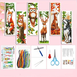 Zhenqing 6 Animal-Themed Cross Stitch Bookmarks Kit - 11CT 11x18.5inch Embroidery Kit with Pre-Printed Fabric, Threads, Needles & English Guide for DIY Gifts (Fox, Owl, Deer, Wolf)