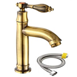 Bath & Bath Antique Style Height 65.0 inches (165 mm) Retro Single Lever Brass Faucet Standing Faucet Washbasin Hand Wash Bowl Classic (Single Faucet + 19.7 inches (50 cm) Hose)