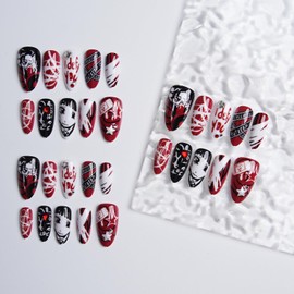 30Pcs Y2K Anime Press on Nails, Medium Almond Fake Nails, Red Black Base Cartoon Face Graffiti Letter Cross Star Rhinestone Design, Trendy Street Goth Punk Handmade False Nail Decor for Women