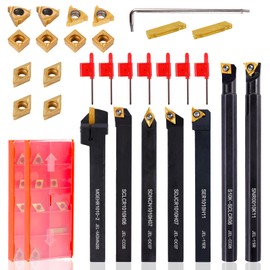 CHAWNIAO Indexable Lathe Turning Tool 21Pcs Kit 3/8" (10mm) Shank, Includes 7Pcs Metal Lathe Tool Holders and 14Pcs Carbide Inserts for Turning Boring Grooving Cutting Threading Carbide Turning Tool