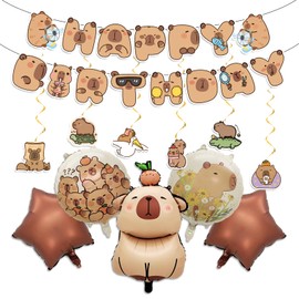 Capybara Birthday Decorations, Capybara Birthday Banner with Aluminium Party Balloons and Hanging Swirls, Animal Party Decorations for Kids Baby Showers Celebrations