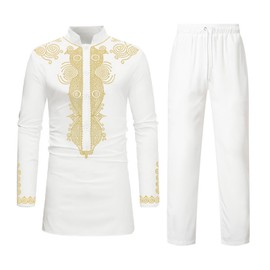 HEFASDM Men's African Dashiki 2 Piece Suit Traditional Long Sleeve Kurta and Pants Outfits Set White XL