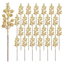 24 Pack 9 Inches Glitter Artificial Berry Stems, 15 Berries per Stem, Christmas Tree Picks Ornaments, DIY Xmas Wreath, Floral Arrangements Home Décor, Winter Wonderland Decoration (24, Gold, 9 Inch)