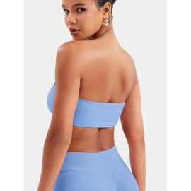 VOYJOY - Brasier sin tirantes para mujer, sin mangas, acolchado, sin mangas, elástico, sin costuras, para entrenamiento, Azul (Ice Blue), L