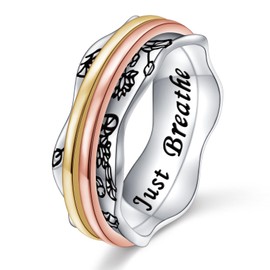 Ladytree Anxiety Relieve Spinner Rings 925 Sterling Silver Just Breathe Lotus Flower Pattern Brass and Copper Fidget Ring Meditation ADHD Stress Relieving Ring for Women,Size 7