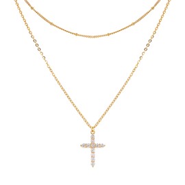 JJDreams 2 Pieces Necklace Men Rhinestone Cross Chain Punk Double Necklace with Cross Pendant Stainless Steel Necklace for Men Ladies,Gold