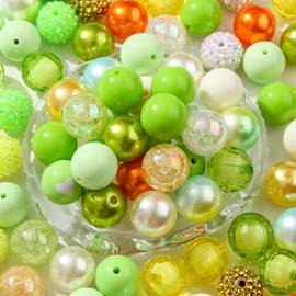 BERMRO 20mm Beads for Pens Rhinestone Beads 80pcs Chunk Bubblegum Beads Mixed Crystal Resin Beads Large Gumball Rhinestone Pearl Beads for DIY Phone Chain Key Chain Bracelet Necklace (GreenYellow)