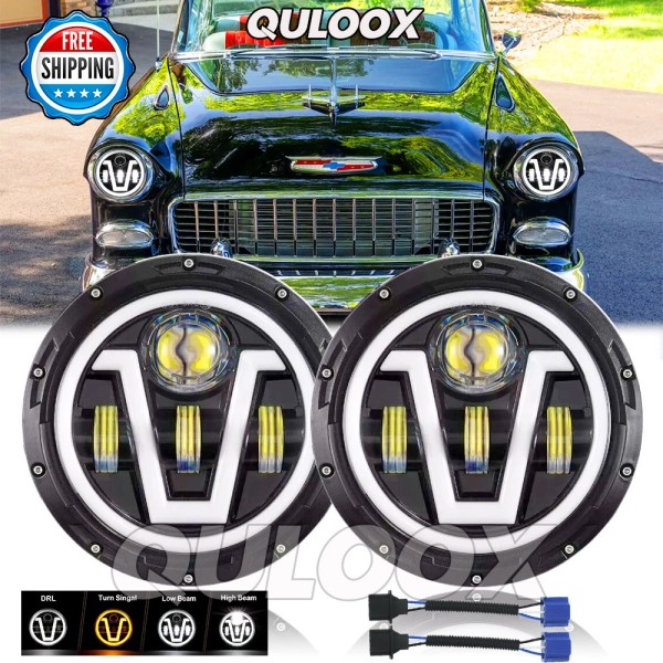 QULOOX Pair 7Inch Round LED Headlights Hi/Low Sealed Beam for