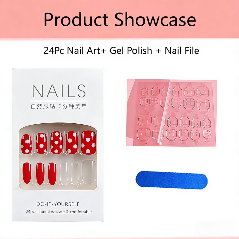 24Pc Short Press on Nail Stickers for Women, French Polka