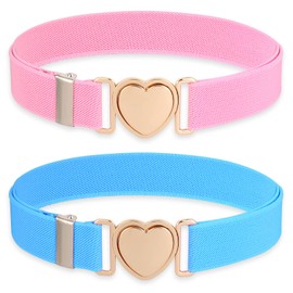 Molain 2 Pack Girls Belt for Waist Size 15-30", Kids Elastic Belt Heart-Shaped Metal Buckle Waist Belt for Girls, Elastic Stretch Belts for Kids Dress Pants Jeans(Blue+Pink)