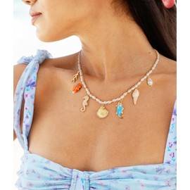 LILIE&WHITE Sea Shell Necklace For Women Gold Charms Necklace Seahorse Seashell Bead Pearl Necklaces Little Fish Conch Pendants Summer Beach Necklaces Jewelry