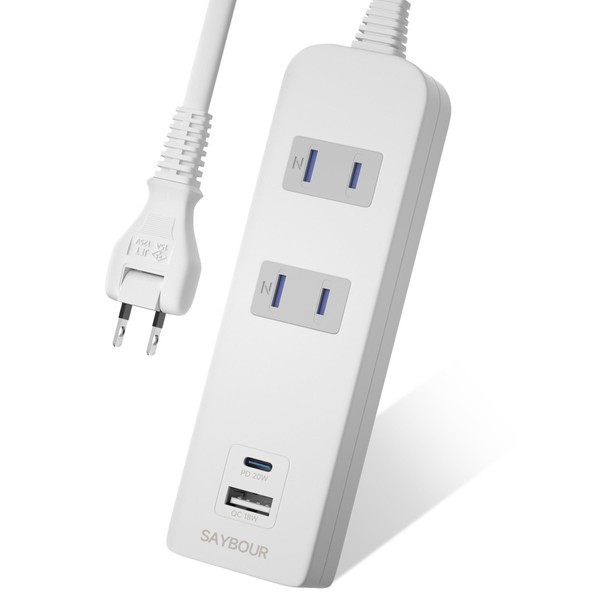 Power Strip 2 Outlets + 2 USB Type-A, Type C,