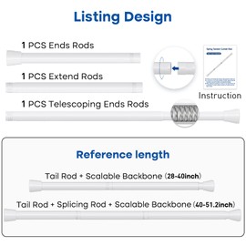 Tension Rod for Windows 28 to 48 Inch,Spring Curtain Rods No Drilling 7/8" Diameter White Tension Rods Adjustable Curtain Rods Expandable Pressure Spring Tension Rods for Closet, Doorway