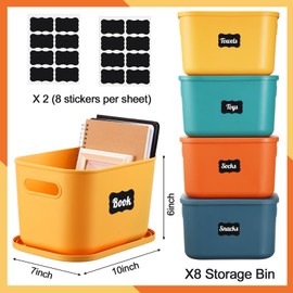 Tanlade 8 Pcs Plastic Storage Bins Stackable Baskets with Lid and Handle Colorful Desktop Storage Box Cubby Containers for Shelf Bedroom Office, Include 1 Erasable Marker, 16 Stickers (10 x 7 x 6 In)