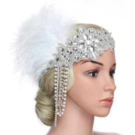 BABEYOND Women’s 1920s Headband Flapper Feather Headpiece with Chain Roaring 20s Great Gatsby Themed Party Hair Accessory (White)