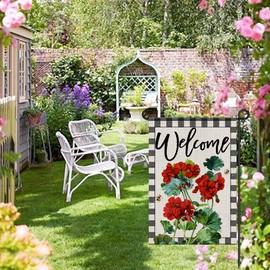 Welcome Spring Summer Geranium Garden Flag 12x18 Inch Burlap Double Sided Outside, Seasonal Floral Bee Small Sign Yard Outdoor Decoration DF455