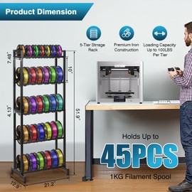 IRONWALLS 3D Printer Filament Storage Rack, 5-Tier Filament Spool Holders Racks, Heavy Duty Metal 3D Printing Filament Shelf Organizer for Studio, Office, Holds Up to 45pcs 3D Filament Spools