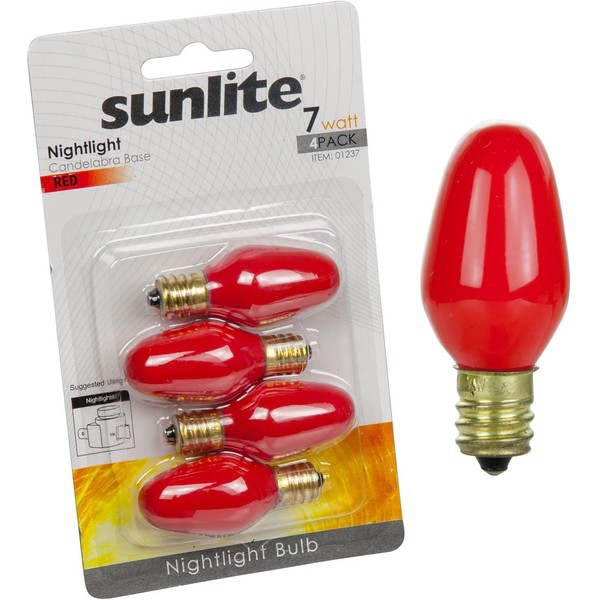 Sunlite 7C7/R/CD4 Incandescent 7-Watt, Candelabra Based, C7 Night Light Colored Bulb, Red, 4 Pack