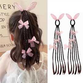 SITEDAN Kids Hair Extension, Braid Wig, Bow Included, Dance Extension, Girls, Ponytail, Wig, Twin-Tail, Braid, Extension, Costume, For Children, Events (Pink)