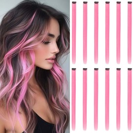 REDMENCO 12 Pieces Pink Hair Extensions Clip in for Kids Girls, 22 Inch Long Straight Colored Heat Resistant Synthetic, Streak Extension Clips Ins Play Highlights