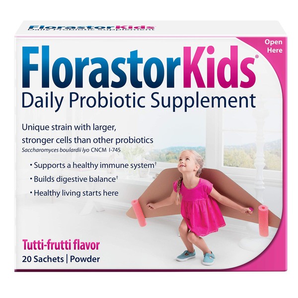 Florastor Kids Daily Probiotic Supplement, Unflavored Powder Mixes with Food or Beverage, Use with Antibiotics, Saccharomyces Boulardii CNCM I-745 (20 Sachets), Pack of 2