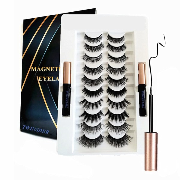 3D Magnetic Eyelashes with Eyeliner, [2021 UPGRADED] 10 Pairs Reusable Magnetic False Lashes, Natural Look Magnetic False Eyelashes with 2 Magnetic Eyeliner