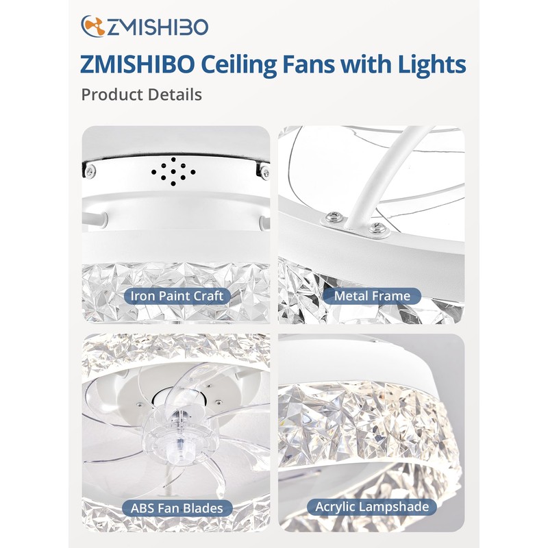ZMISHIBO Ceiling Fans with Lights, Low Profile Ceiling Fan with